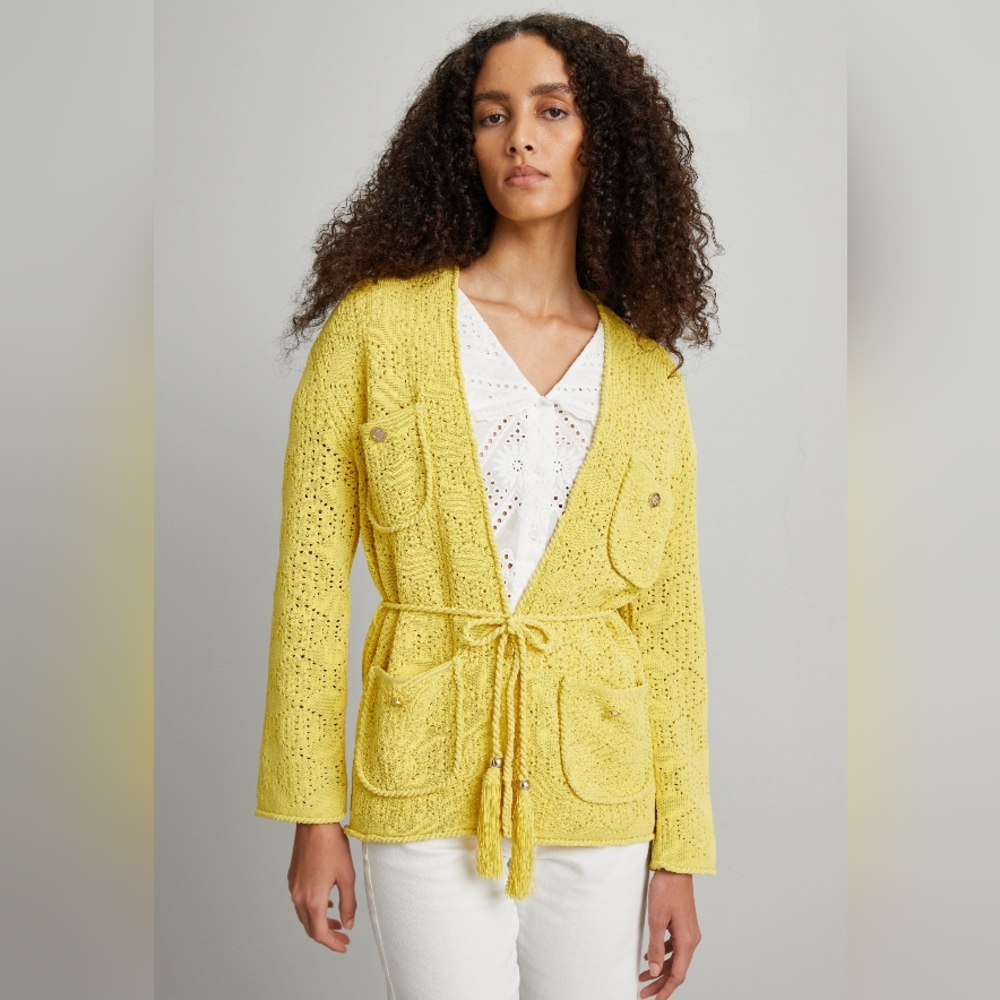 MajeMedina Belted Pointelle CardiganYellow Women's Sweater